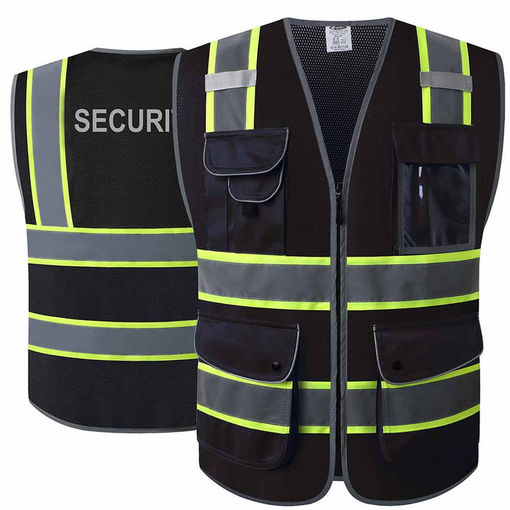 JKSafety 9 Pockets Mesh Two-Tone Hi-Vis Reflective Safety Vest, Security (JK100-SEC-EV)