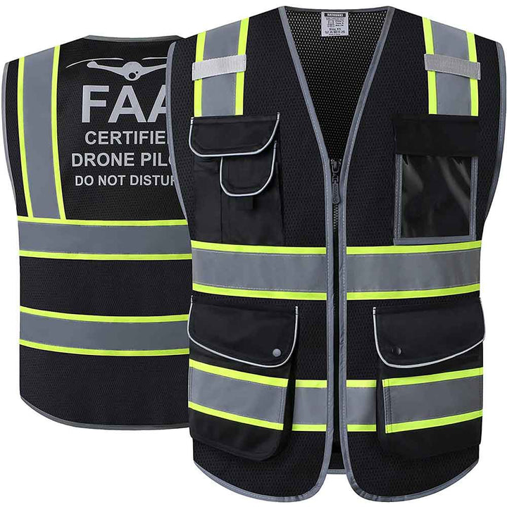 JKSafety 9 Pockets Mesh Two-Tone Hi-Vis Reflective Safety Vest, FAA Drone Pilot (JK100-FAA-EV)