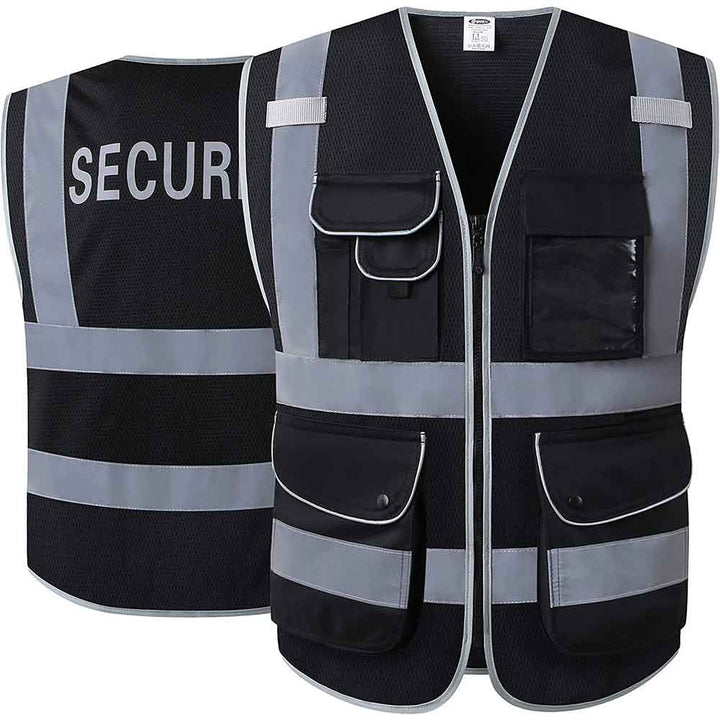 JKSafety 9 Pockets Mesh Hi-Vis Reflective Safety Vest, Security (JK200-SEC-EV)