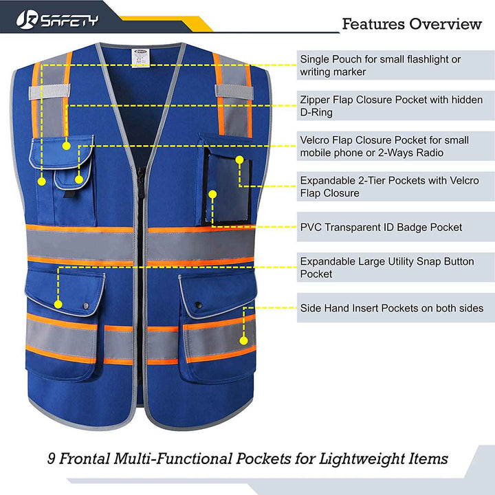 JKSafety 9 Pockets Two-Tone Hi-Vis Reflective Safety Vest (JK901-EV)