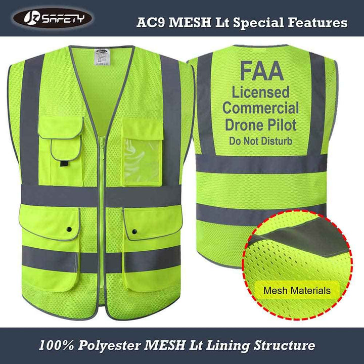 JKSafety 9 Pockets Mesh Hi-Vis Reflective Safety Vest, FAA Drone Pilot (JK210-FAA-C2)