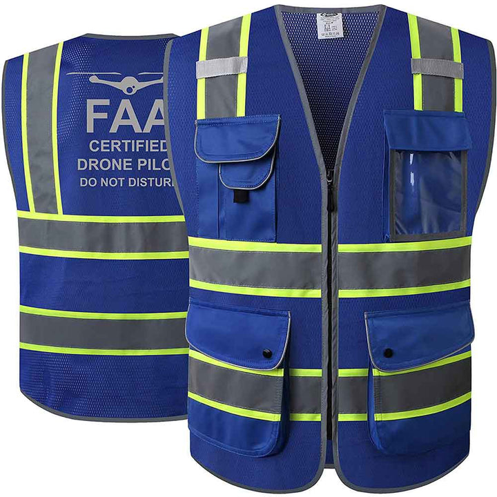 JKSafety 9 Pockets Mesh Two-Tone Hi-Vis Reflective Safety Vest, FAA Drone Pilot (JK100-FAA-EV)