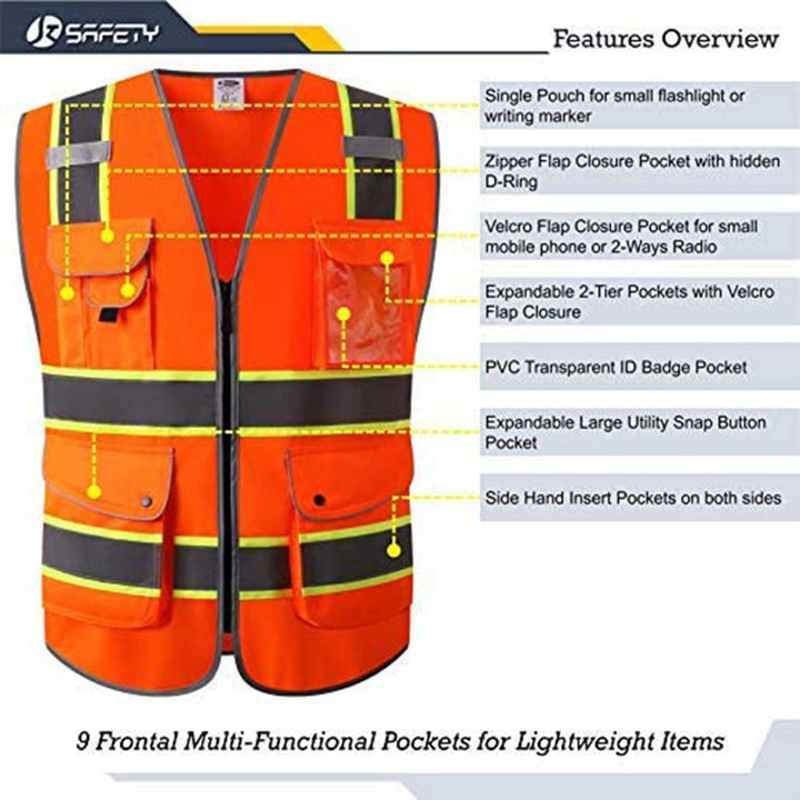 JKSafety 9 Pockets Two-Tone Hi-Vis Reflective Safety Vest (JK901-C2)