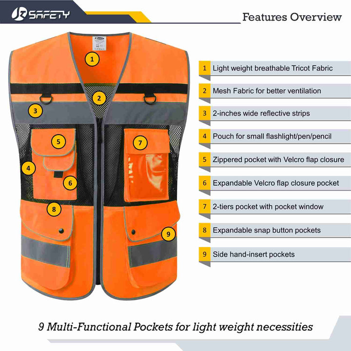 JKSafety 12 Pockets Hi-Vis Reflective Safety Vest (JK180)