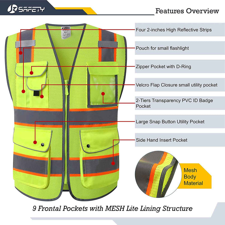 JKSafety 9 Pockets Mesh Two-Tone Hi-Vis Reflective Safety Vest, Security (JK100-SEC-C2)