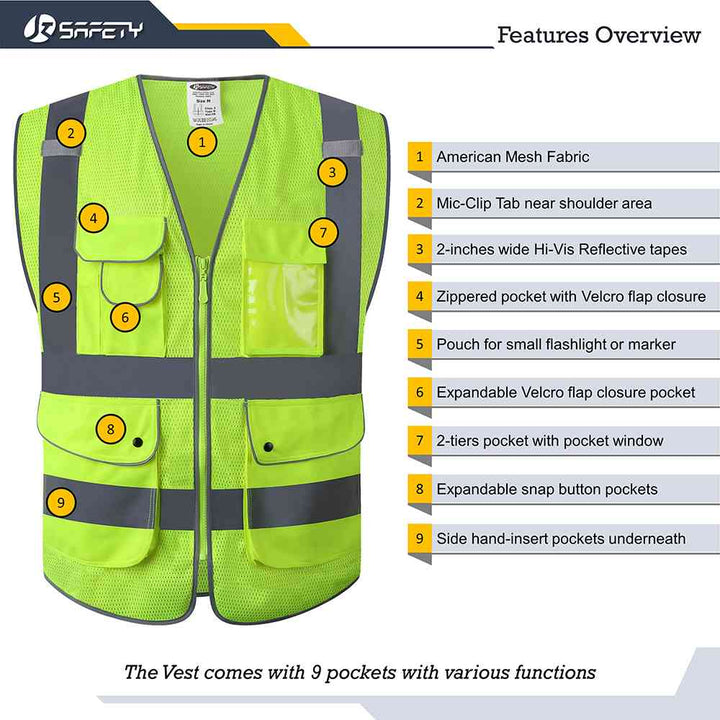 JKSafety 9 Pockets Mesh Hi-Vis Reflective Safety Vest (JK159)