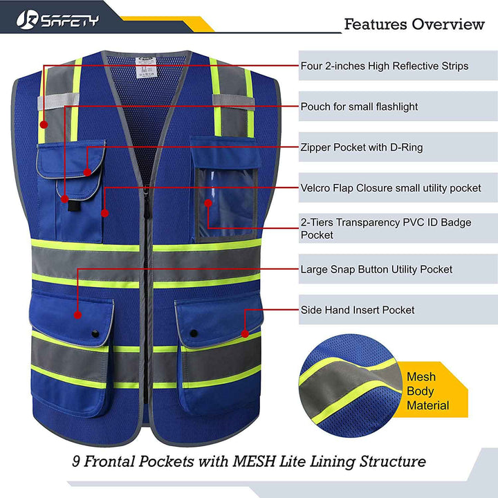 JKSafety 9 Pockets Mesh Two-Tone Hi-Vis Reflective Safety Vest, FAA Drone Pilot (JK100-FAA-EV)