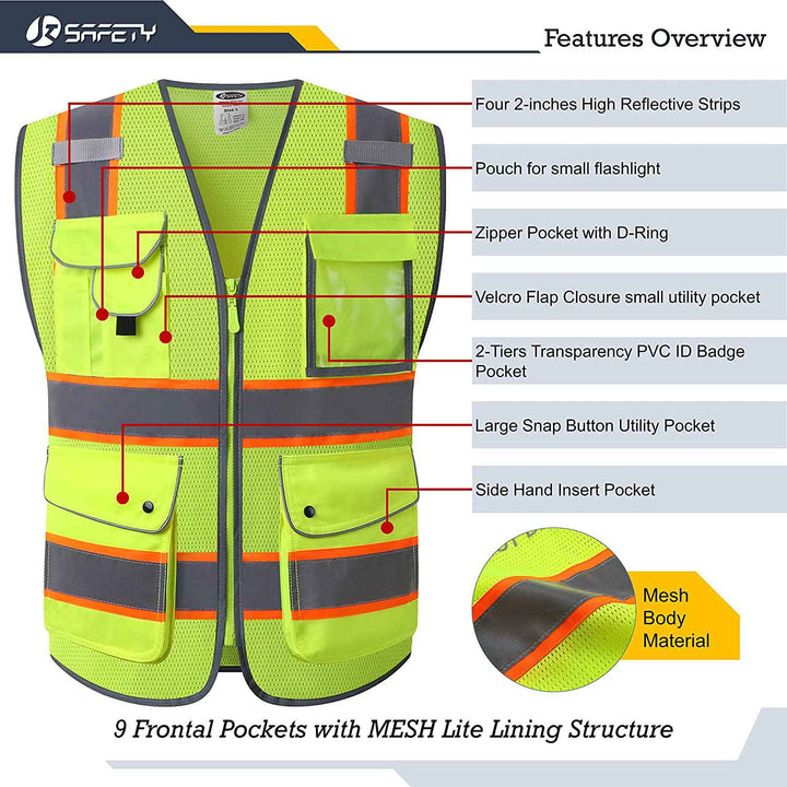 JKSafety 9 Pockets Mesh Two-Tone Hi-Vis Reflective Safety Vest, FAA Drone Pilot (JK100-FAA-C2)