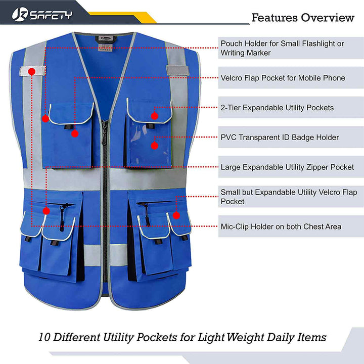 JKSafety 10 Pockets Hi-Vis Reflective Safety Vest (JK088-EV)