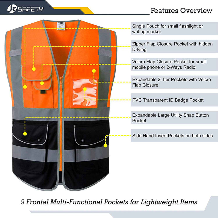 JKSafety 9 Pockets Hi-Vis Reflective Safety Vest, Black Bottom (JK150)