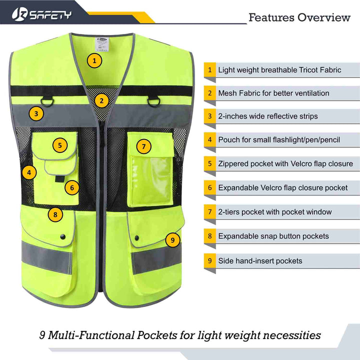 JKSafety 12 Pockets Hi-Vis Reflective Safety Vest (JK180)