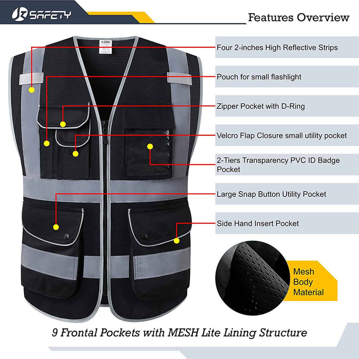 JKSafety 9 Pockets Mesh Hi-Vis Reflective Safety Vest, Security (JK200-SEC-EV)