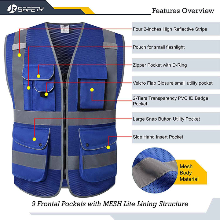 JKSafety 9 Pockets Mesh Hi-Vis Reflective Safety Vest, FAA Drone Pilot (JK210-FAA-EV)