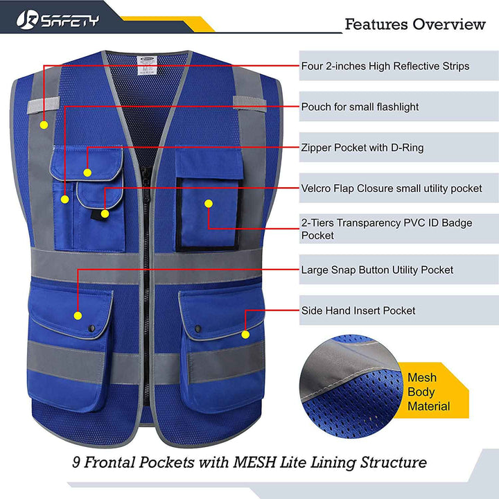 JKSafety 9 Pockets Mesh Hi-Vis Reflective Safety Vest, Security (JK200-SEC-EV)