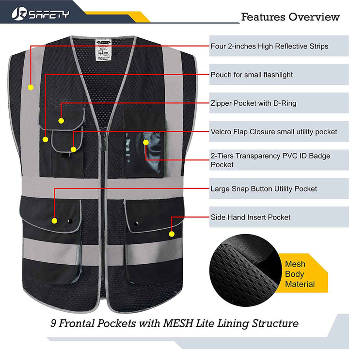 JKSafety 9 Pockets Mesh Hi-Vis Reflective Safety Vest, FAA Drone Pilot (JK210-FAA-EV)