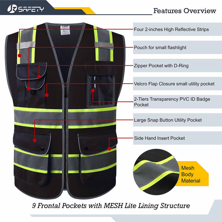 JKSafety 9 Pockets Mesh Two-Tone Hi-Vis Reflective Safety Vest, Security (JK100-SEC-EV)