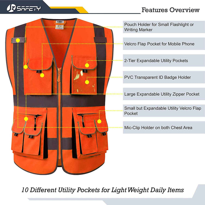 JKSafety 10 Pockets Hi-Vis Reflective Safety Vest (JK088-C2)