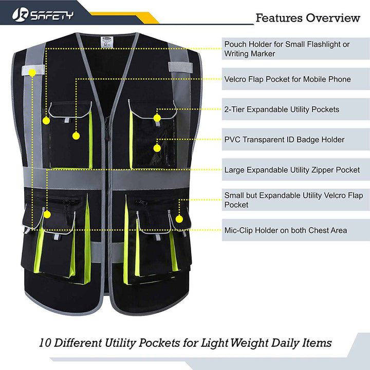 JKSafety 10 Pockets Hi-Vis Reflective Safety Vest (JK088-EV)