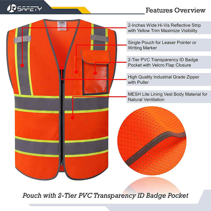 JKSafety 3 Pockets Mesh Two-Tone Hi-Vis Reflective Safety Vest (JK099-C2)