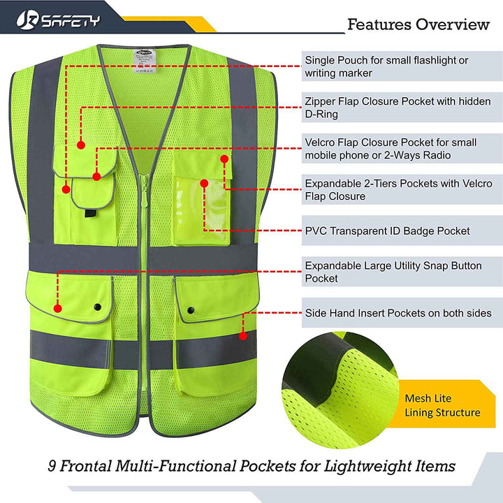 JKSafety 9 Pockets Mesh Hi-Vis Reflective Safety Vest, Security (JK200-SEC-C2)