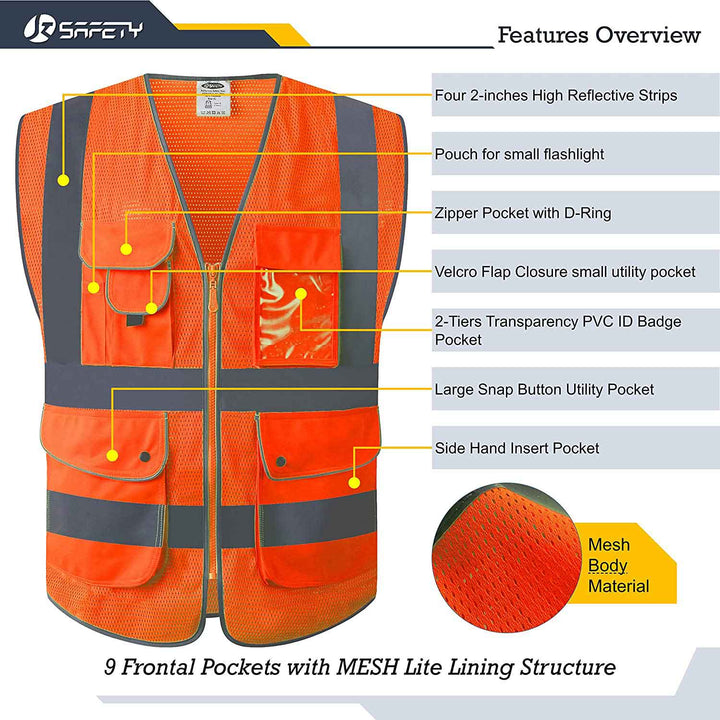 JKSafety 9 Pockets Mesh Hi-Vis Reflective Safety Vest, Security (JK200-SEC-C2)