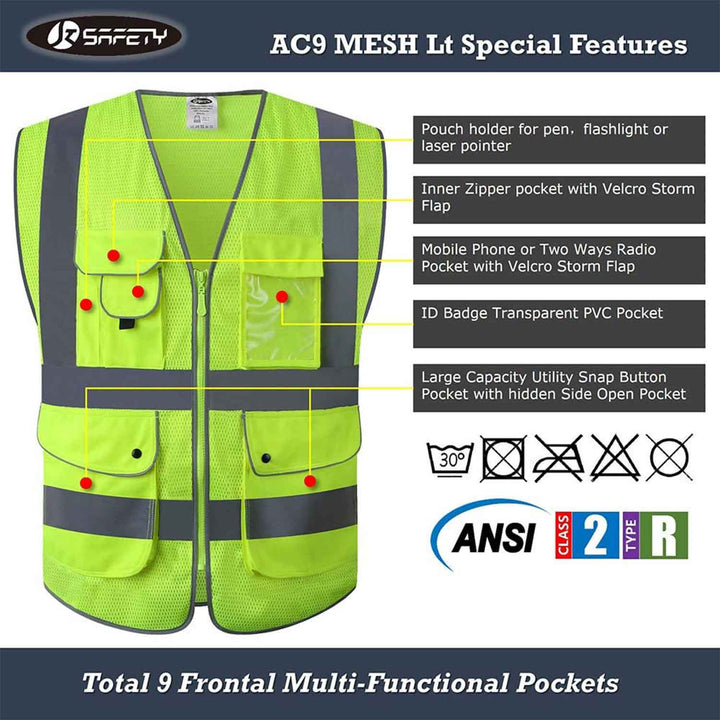 JKSafety 9 Pockets Mesh Hi-Vis Reflective Safety Vest, FAA Drone Pilot (JK210-FAA-C2)