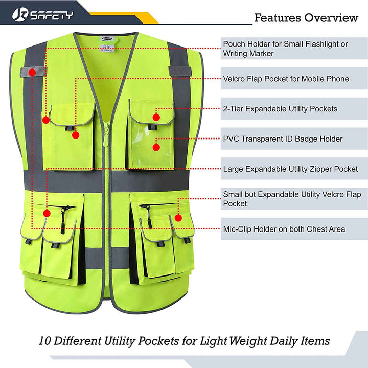 JKSafety 10 Pockets Hi-Vis Reflective Safety Vest (JK088-C2)