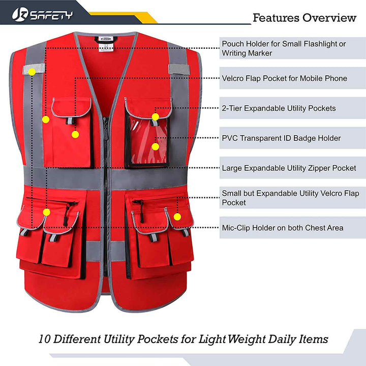 JKSafety 10 Pockets Hi-Vis Reflective Safety Vest (JK088-EV)