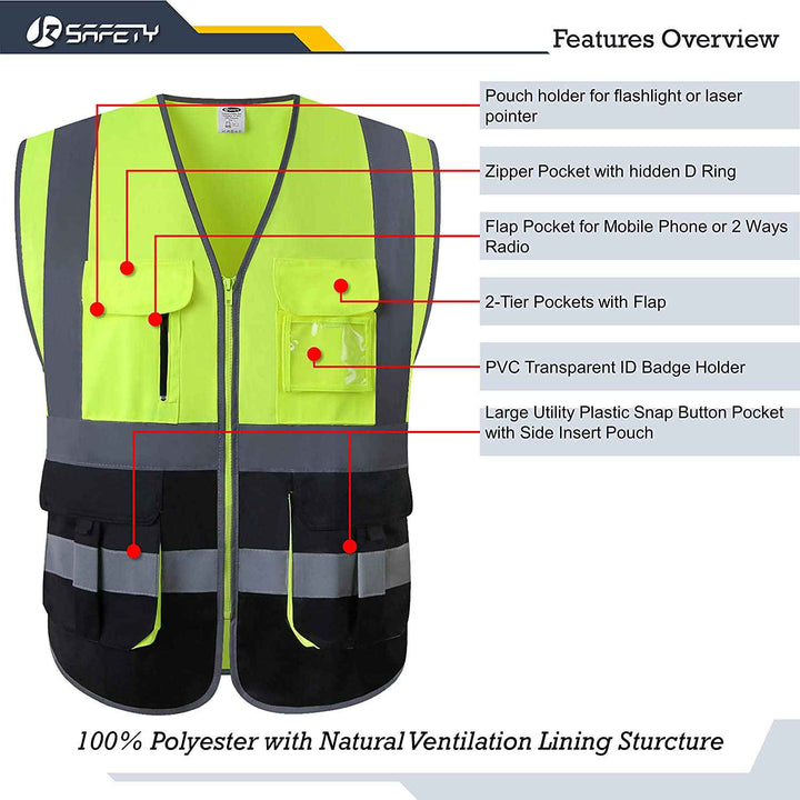 JKSafety 7 Pockets Hi-Vis Reflective Safety Vest, Black Bottom (JK130)