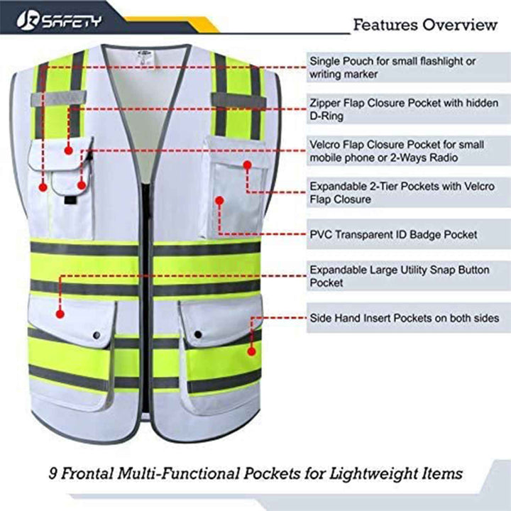 JKSafety 9 Pockets Two-Tone Hi-Vis Reflective Safety Vest (JK901-EV)