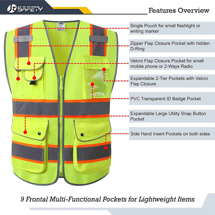 JKSafety 9 Pockets Two-Tone Hi-Vis Reflective Safety Vest (JK901-C2)