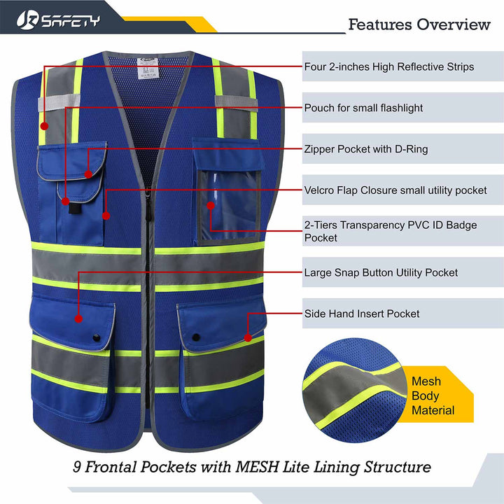 JKSafety 9 Pockets Mesh Two-Tone Hi-Vis Reflective Safety Vest, Security (JK100-SEC-EV)