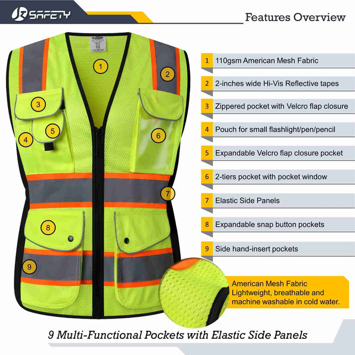 JKSafety 9 Pockets Women Mesh Two-Tone Hi-Vis Reflective Safety Vest (JK168-C2)