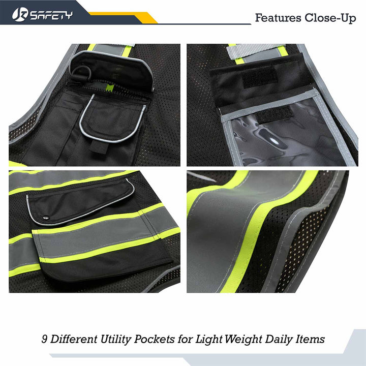 JKSafety 9 Pockets Mesh Two-Tone Hi-Vis Reflective Safety Vest, Security (JK100-SEC-EV)