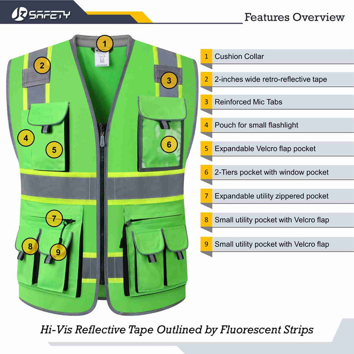 JKSafety 10 Pockets Two-Tone Hi-Vis Reflective Safety Vest (JK089-EV)