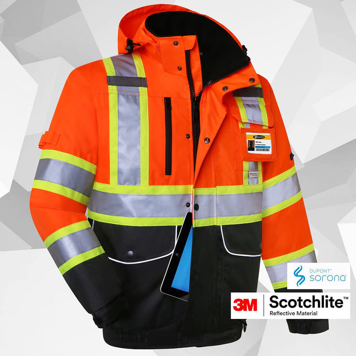 JKSafety 10 Pockets Waterproof Hi-Vis Reflective Winter Bomber Jacket (JK118-C3)