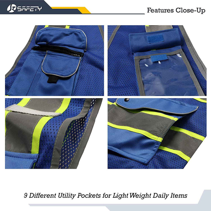 JKSafety 9 Pockets Mesh Two-Tone Hi-Vis Reflective Safety Vest, FAA Drone Pilot (JK100-FAA-EV)