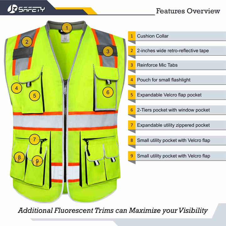 JKSafety 10 Pockets Two-Tone Hi-Vis Reflective Safety Vest (JK089-C2)