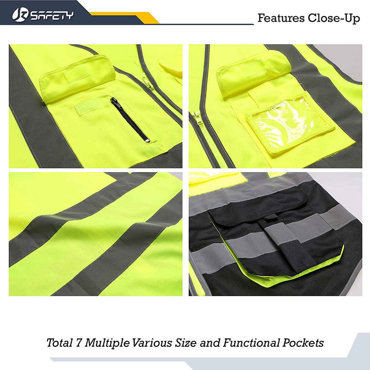 JKSafety 7 Pockets Hi-Vis Reflective Safety Vest, Black Bottom (JK130)