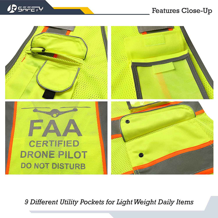 JKSafety 9 Pockets Mesh Two-Tone Hi-Vis Reflective Safety Vest, FAA Drone Pilot (JK100-FAA-C2)