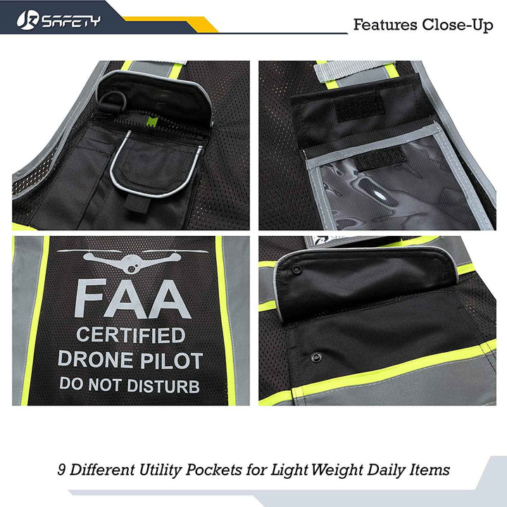 JKSafety 9 Pockets Mesh Two-Tone Hi-Vis Reflective Safety Vest, FAA Drone Pilot (JK100-FAA-EV)