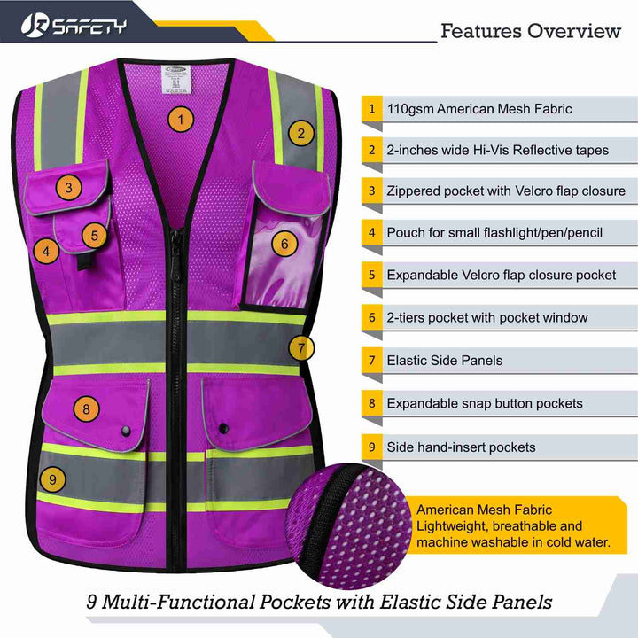 JKSafety 9 Pockets Women Mesh Two-Tone Hi-Vis Reflective Safety Vest (JK168-EV)