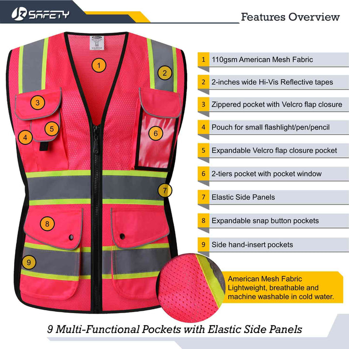 JKSafety 9 Pockets Women Mesh Two-Tone Hi-Vis Reflective Safety Vest (JK168-EV)