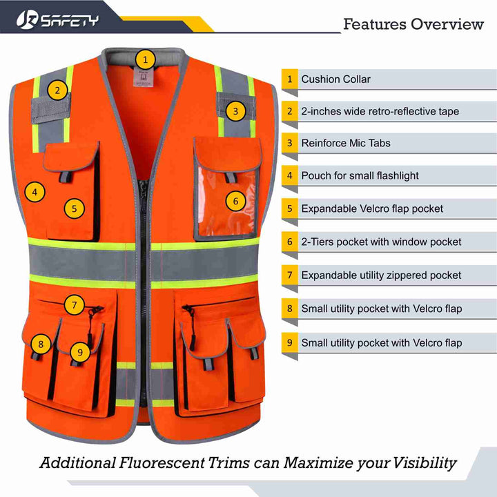 JKSafety 10 Pockets Two-Tone Hi-Vis Reflective Safety Vest (JK089-C2)