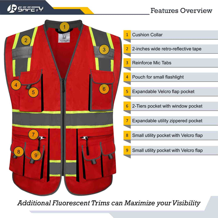 JKSafety 10 Pockets Two-Tone Hi-Vis Reflective Safety Vest (JK089-EV)