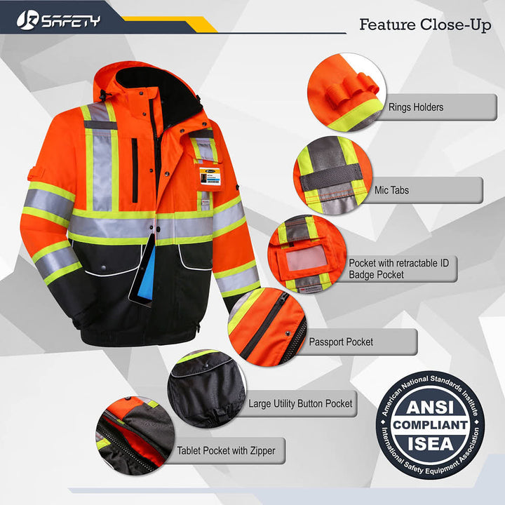 JKSafety 10 Pockets Waterproof Hi-Vis Reflective Winter Bomber Jacket (JK118-C3)