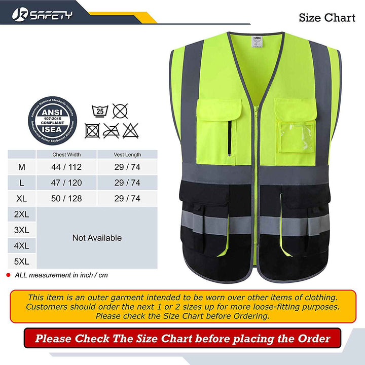 JKSafety 7 Pockets Hi-Vis Reflective Safety Vest, Black Bottom (JK130)