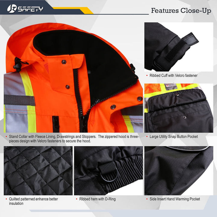 JKSafety 10 Pockets Waterproof Hi-Vis Reflective Winter Bomber Jacket (JK118-C3)