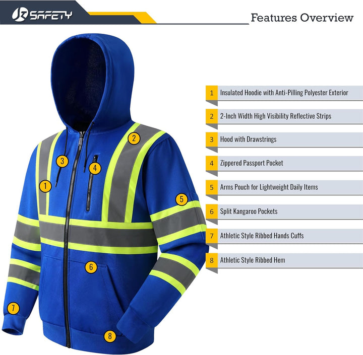 JKSafety Hi-Vis Reflective Safety Hooded Sweatshirt Zip-Up Hoodie (JKHS121-EV)