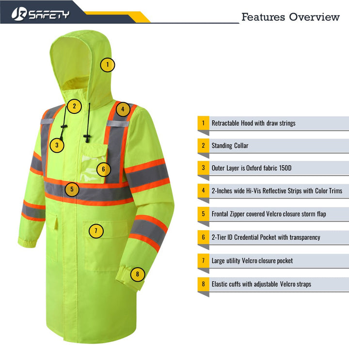 JKSafety Hi-Vis Reflective Safety Rain Gear, Waterproof Long Rain Jacket (JKR119-C3)